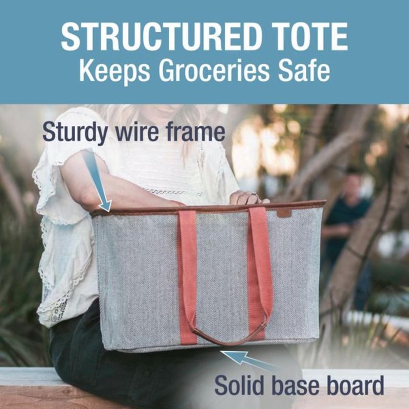 CleverMade Collapsible LUXE Tote - Rose Herringbone 1 Pack 30L / 8 Gal - Reusable Grocery Shopping Storage Bag Organizer w/ Handles Reinforced Bottom - Image 2
